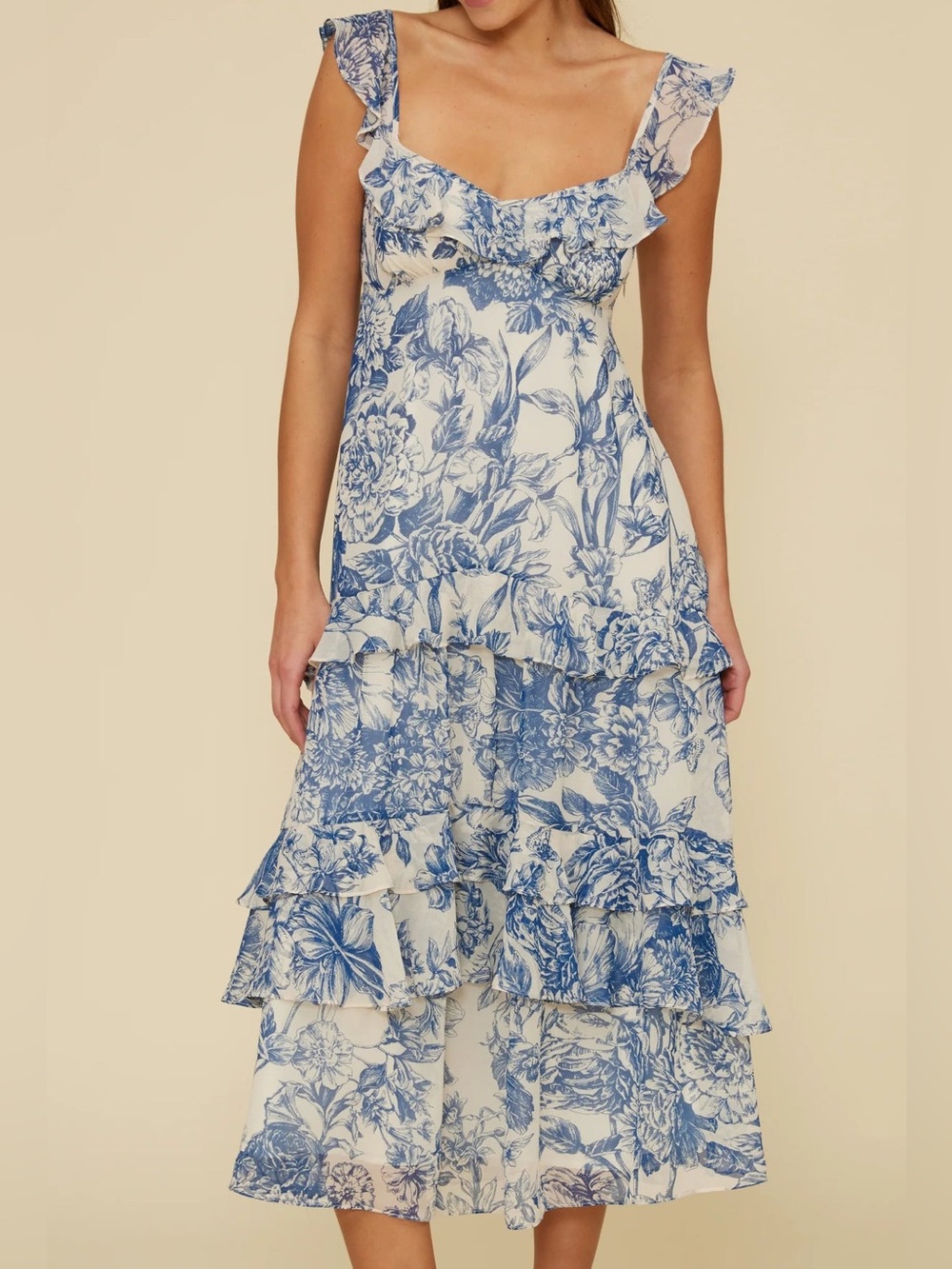 Lucy Paris Cassandra Tiered Blue Floral Ruffle Midi Dress Medium